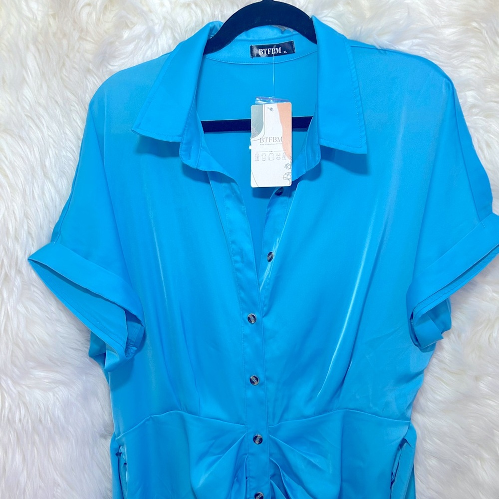 Elegant Satin Ruched Shirt Dress - Picture 5 of 12
